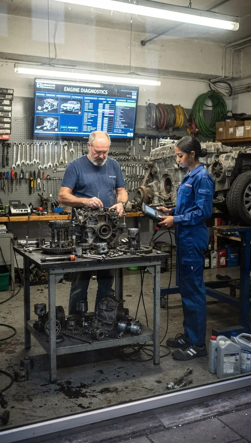 Moderne Werkstatt mit Spezialisten, die Motoren in Deutschland diagnostizieren, überholen und für optimale Leistung optimieren